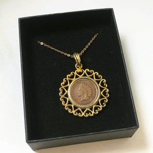 Vintage signed 1896 Indian penny necklace with gold tone chain coin pendandt